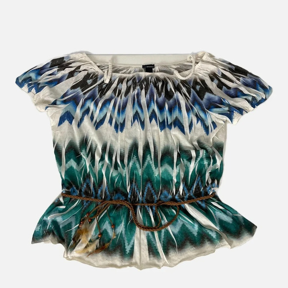 Lane Bryant Factory Boho Linen Top Popover Size 26/28W Aztec Belt Cold Shoulder - Picture 3 of 11